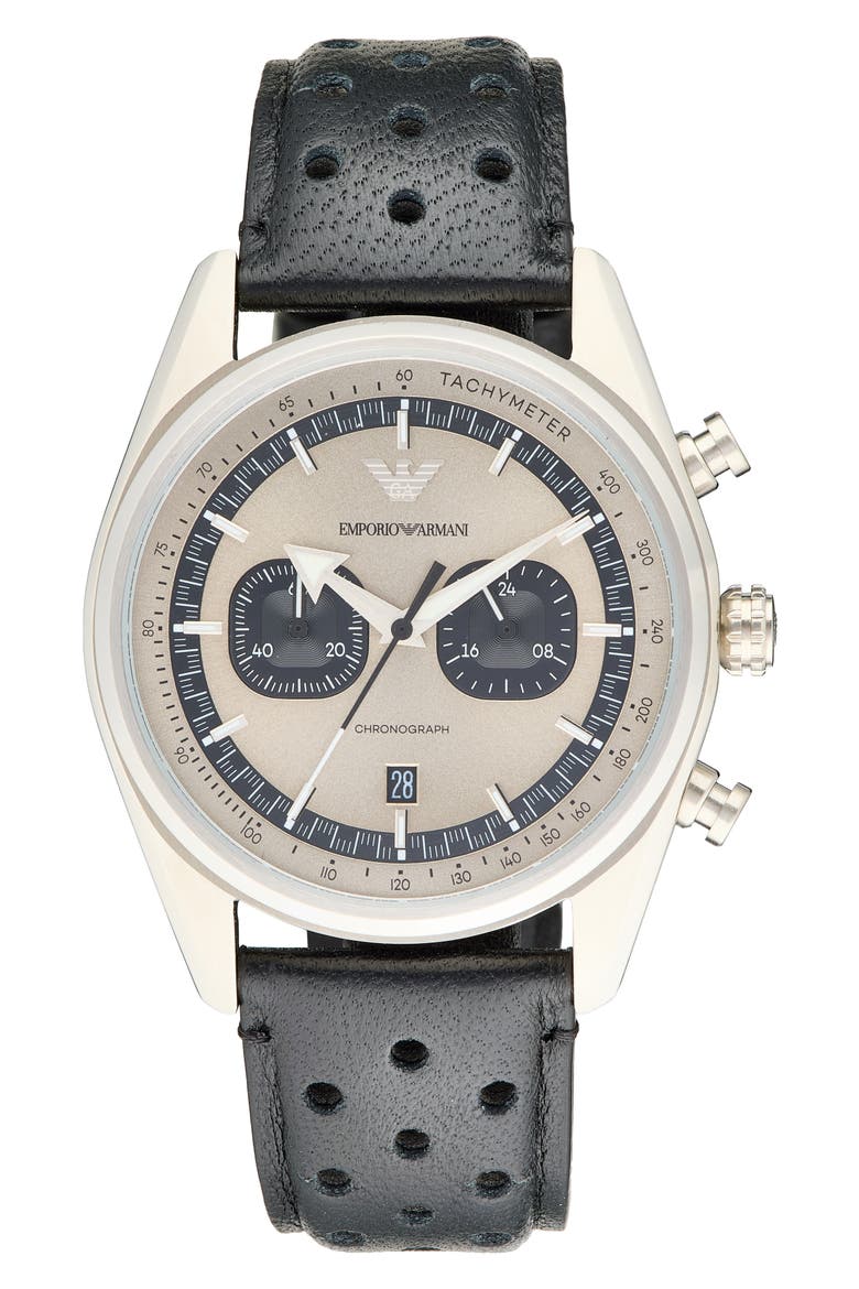 Chronograph Leather Strap Watch, 42mm, Main, color, SILVER