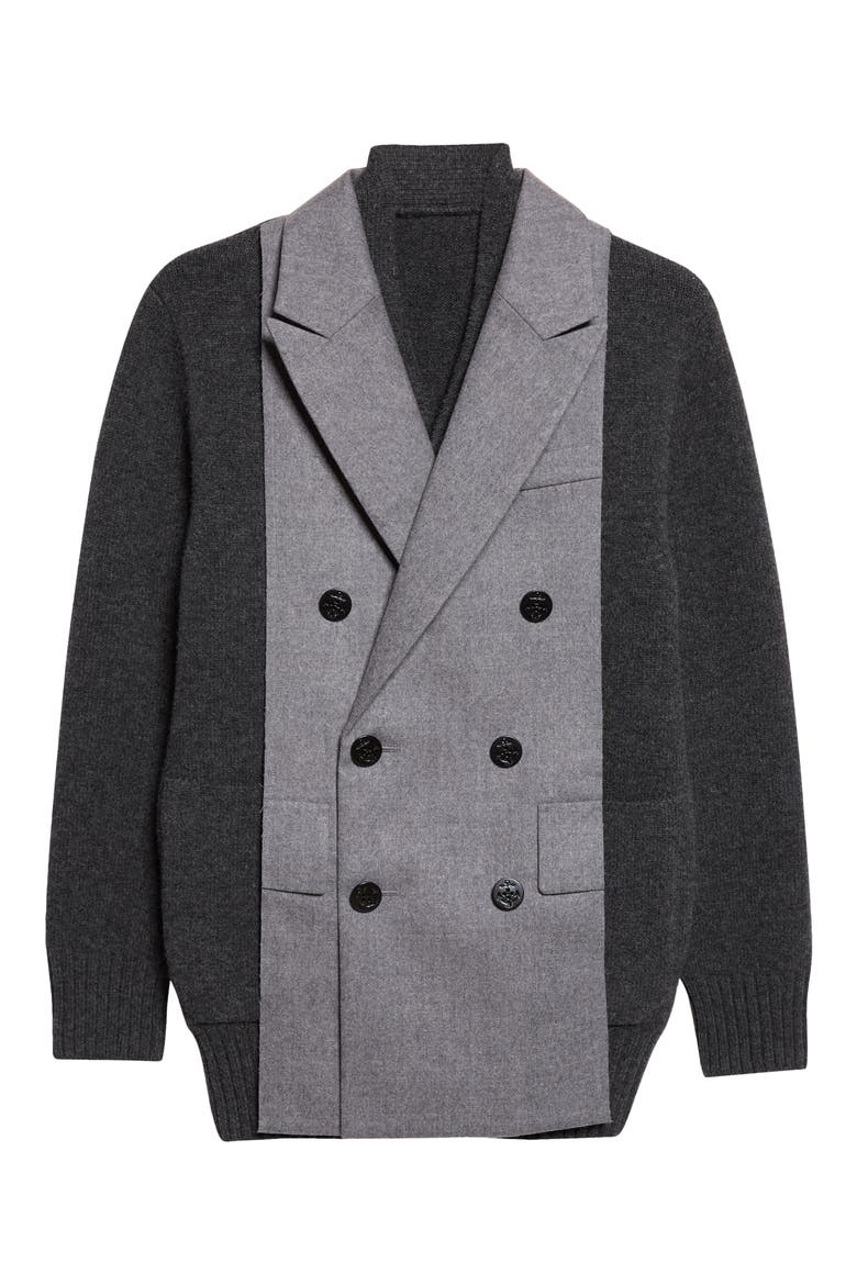 Mixed Media Flannel Panel Wool Blend Cardigan, Main, color, GRAY