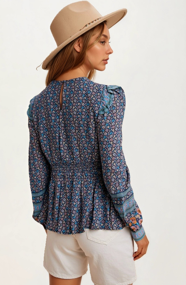 Knit and Lounge Floral Print Boho Blouse with Contrast Trim V-Neck, Alternate, color, Floral Blue