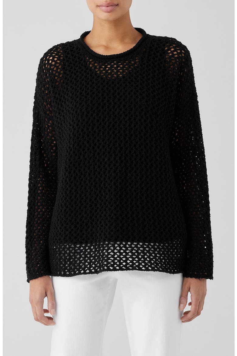Open Stitch Crewneck Organic Cotton Sweater, Main, color, BLACK