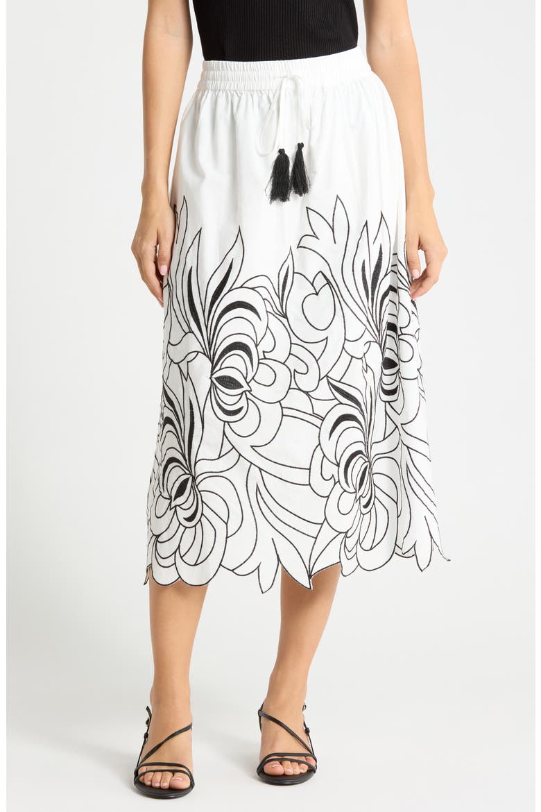 Embroidered Tassel Tie Front Skirt, Main, color, WHITE/ BLACK