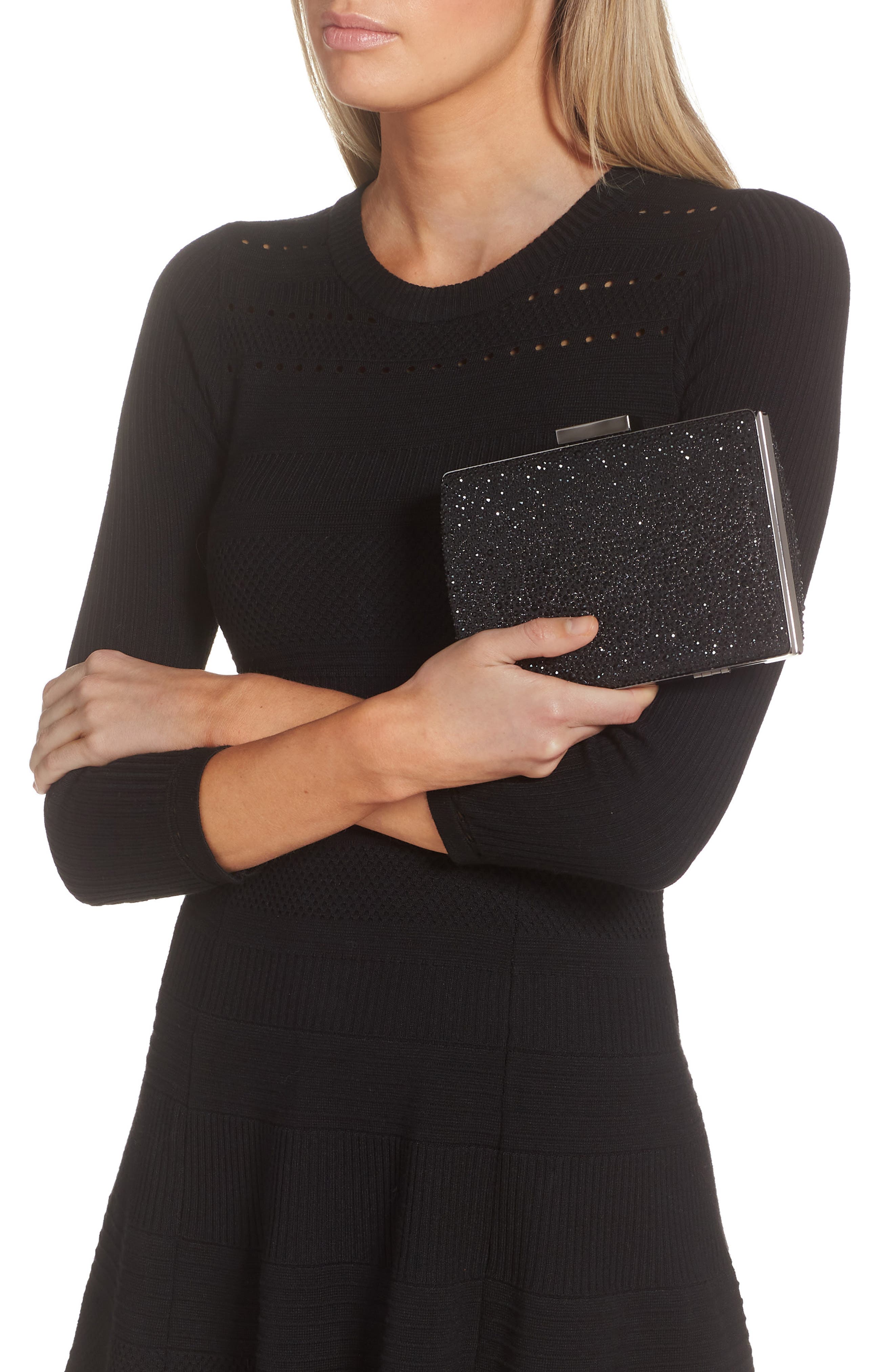 Olga Berg Gabby Metallic Hot Fix Crystal Clutch, Alternate, color, Black