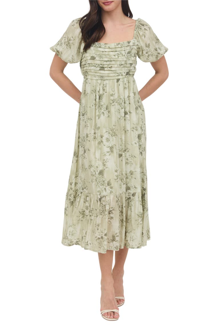 Puff Sleeve Midi Dress, Main, color, OLIVE MULTI