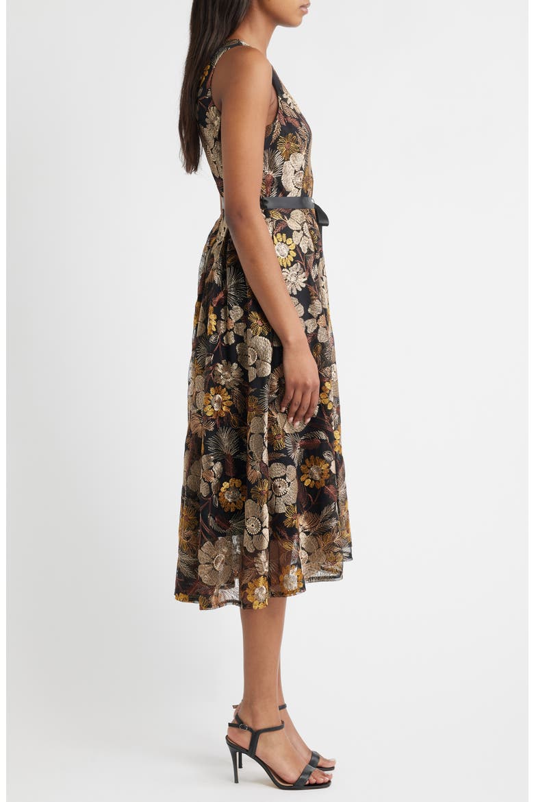 Embroidered Sleeveless Belted Midi Dress, Alternate, color, BROWN GOLD