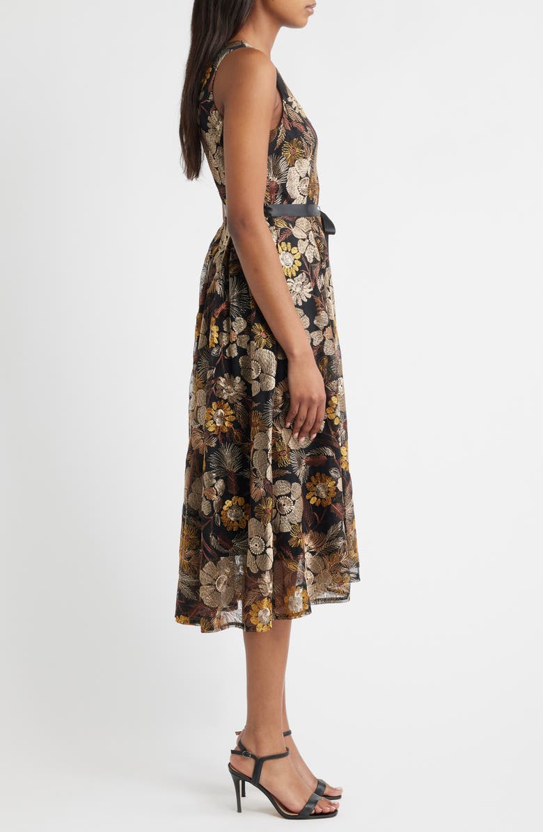 Tahari ASL Embroidered Tie Waist Sleeveless Midi Dress, Alternate, color, Brown Gold