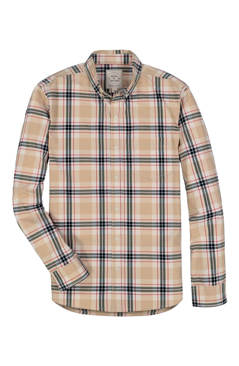 Hope & Henry Men's Organic Stretch Poplin Shirt, Alternate, color, Classic Tan Plaid