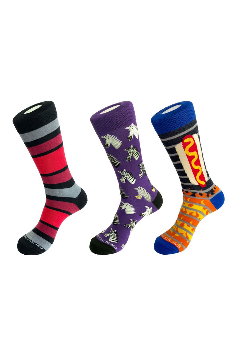 3-Pack Assorted Graphic Crew Socks, Main, color, PURPLE MULTI