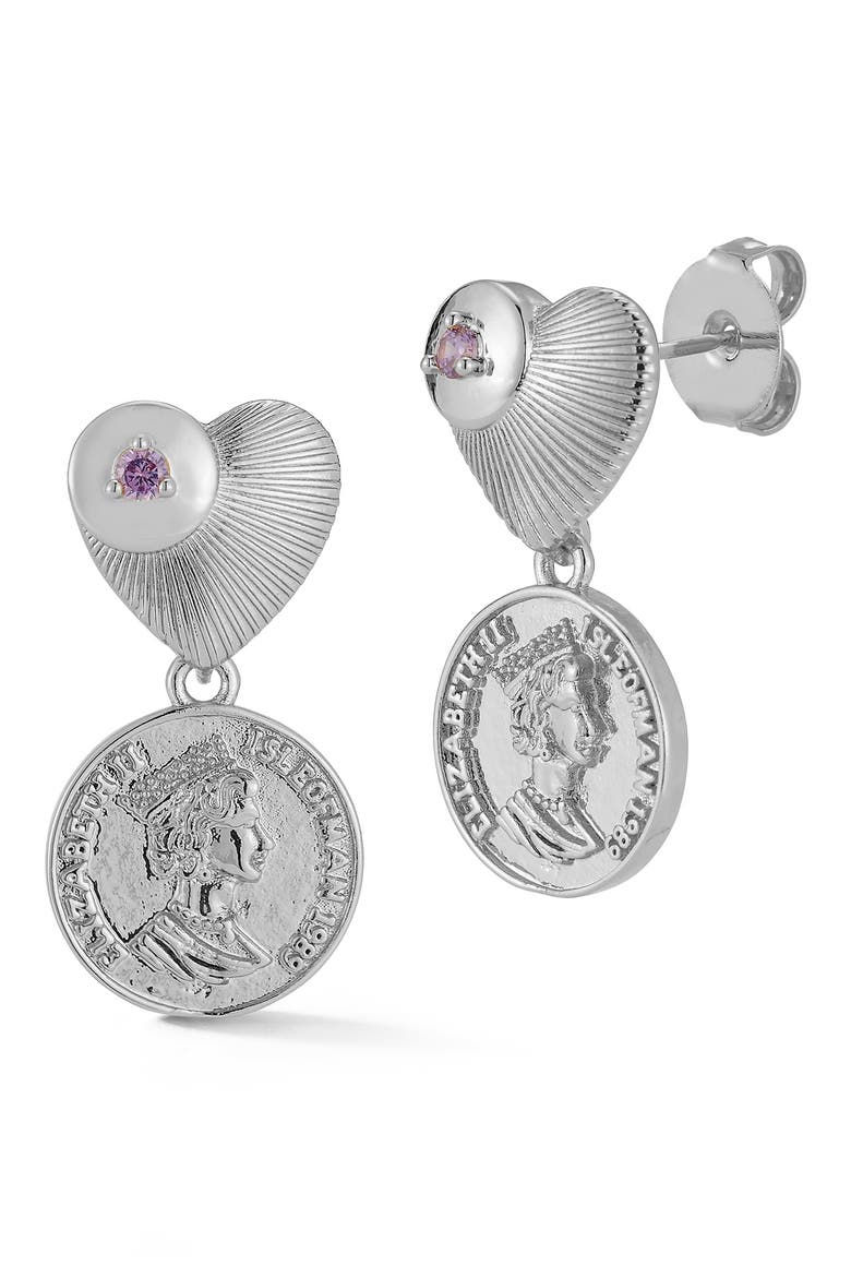 CZ Heart & Coin Drop Earrings, Main, color, SILVER