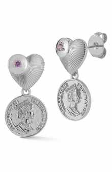 CZ Heart & Coin Drop Earrings