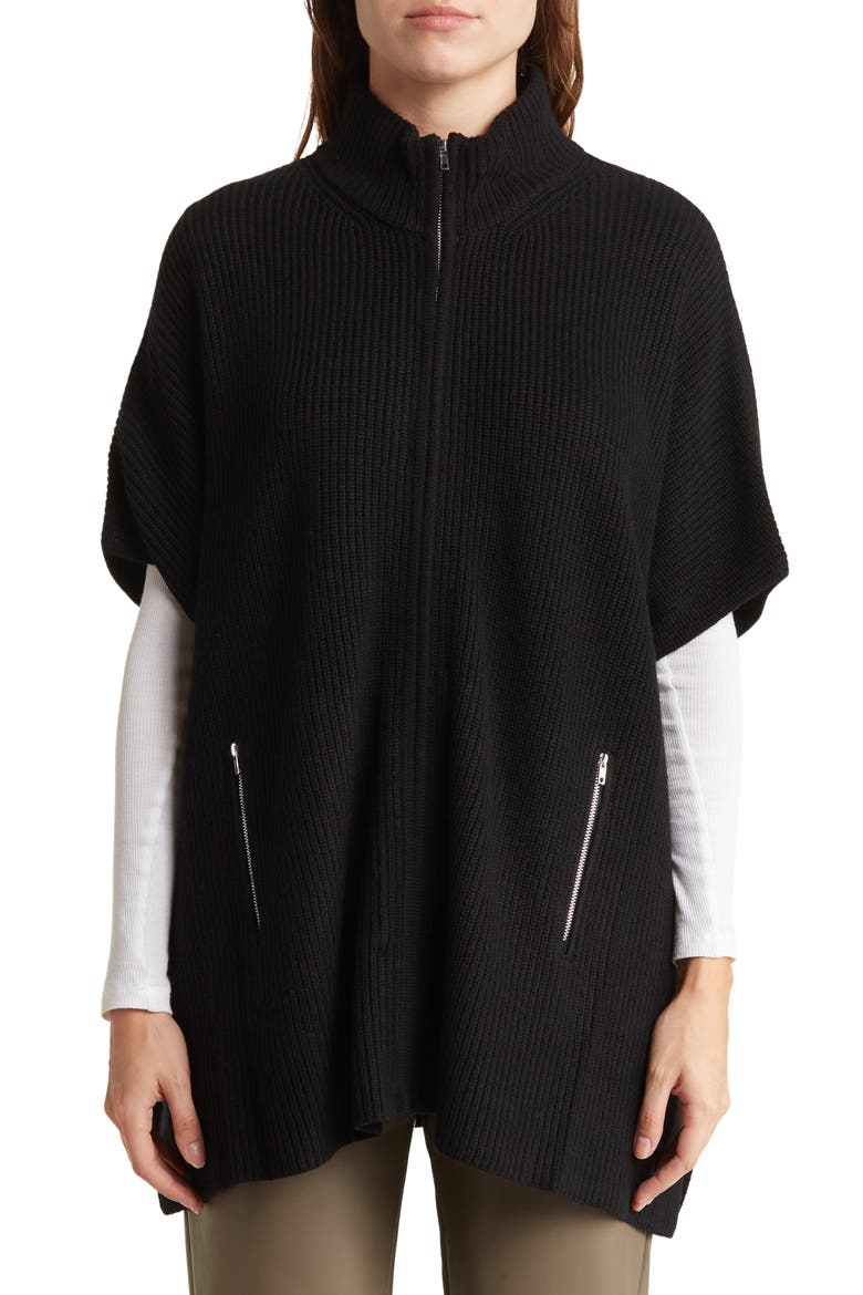 Cashmere Blend Zip Front Knit Cape, Alternate, color, BLACK