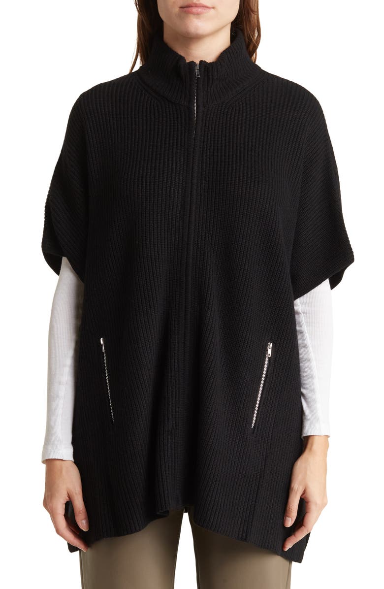 Bruno Magli Cashmere Blend Zip Front Knit Cape, Alternate, color, Black