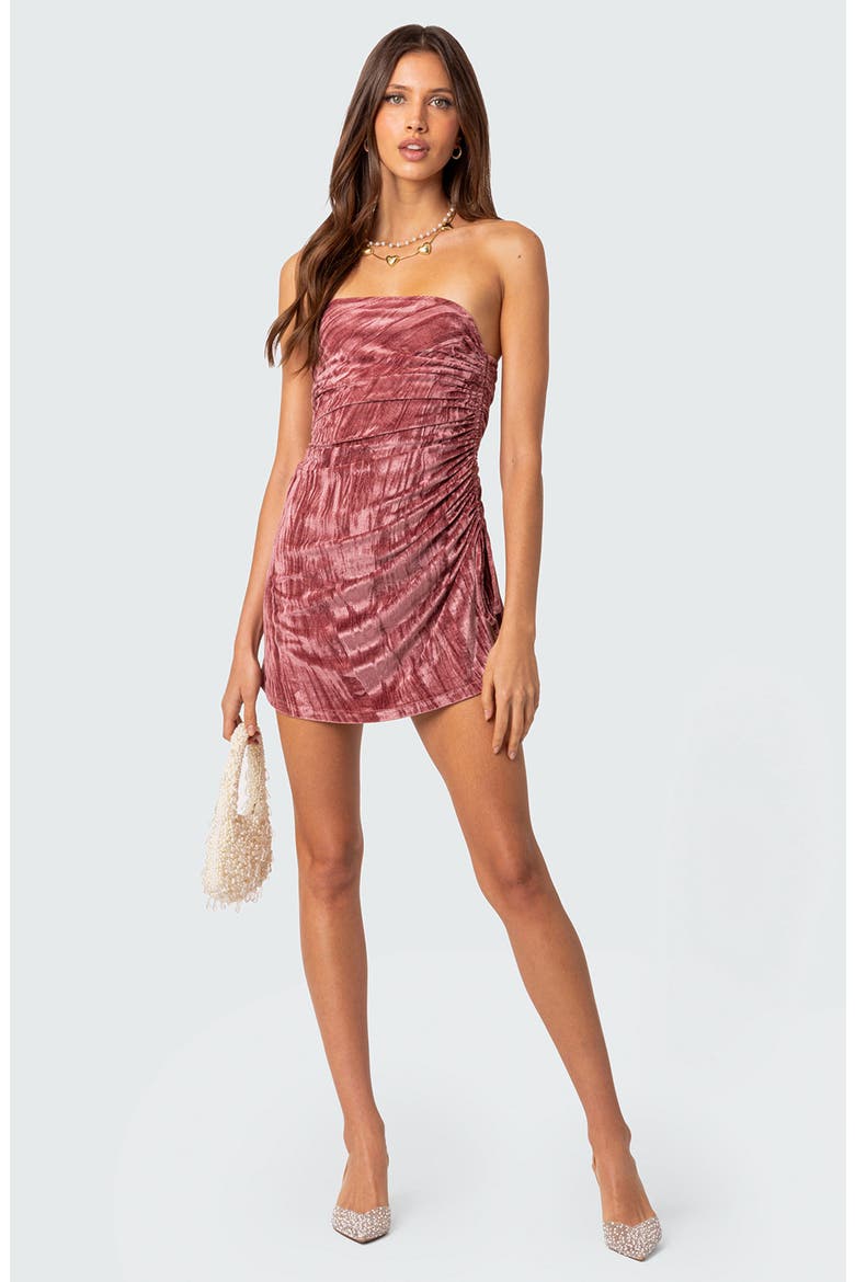 Drawstring Detail Strapless Crushed Velvet Minidress, Alternate, color, PINK