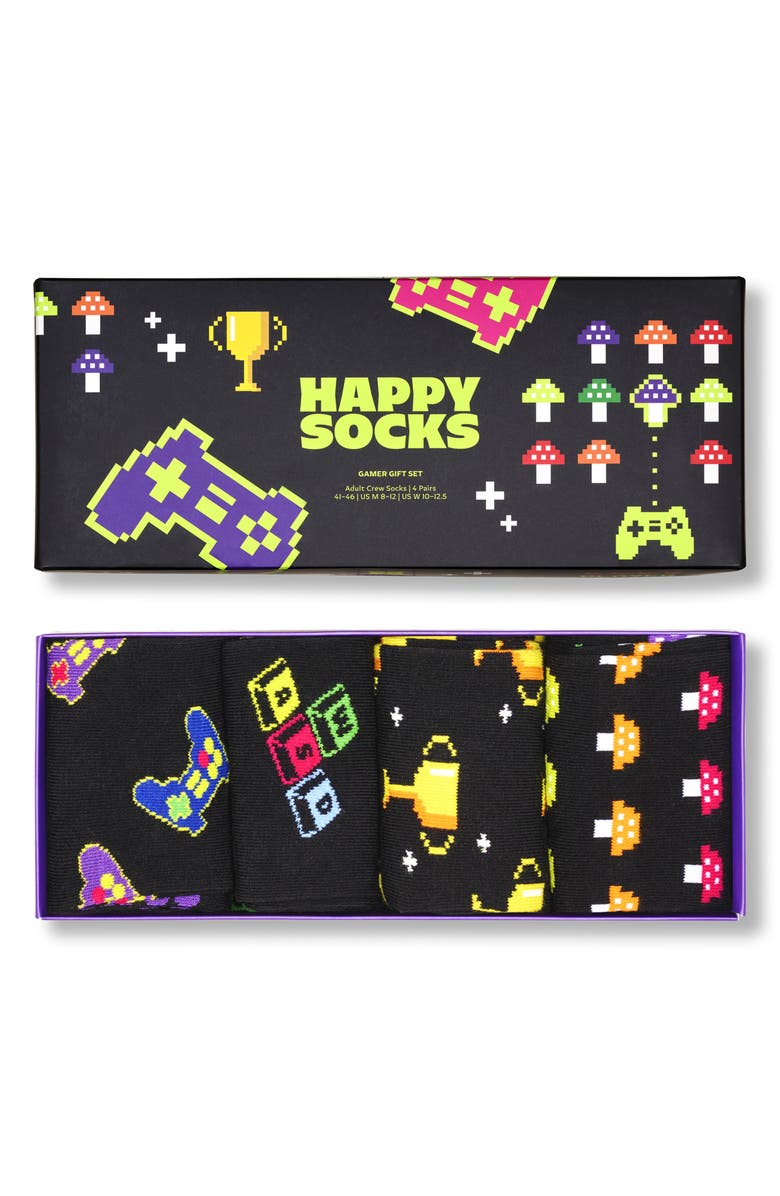 Happy Socks Assorted 4-Pack Gamer Cotton Blend Socks Gift Box, Alternate, color, Black