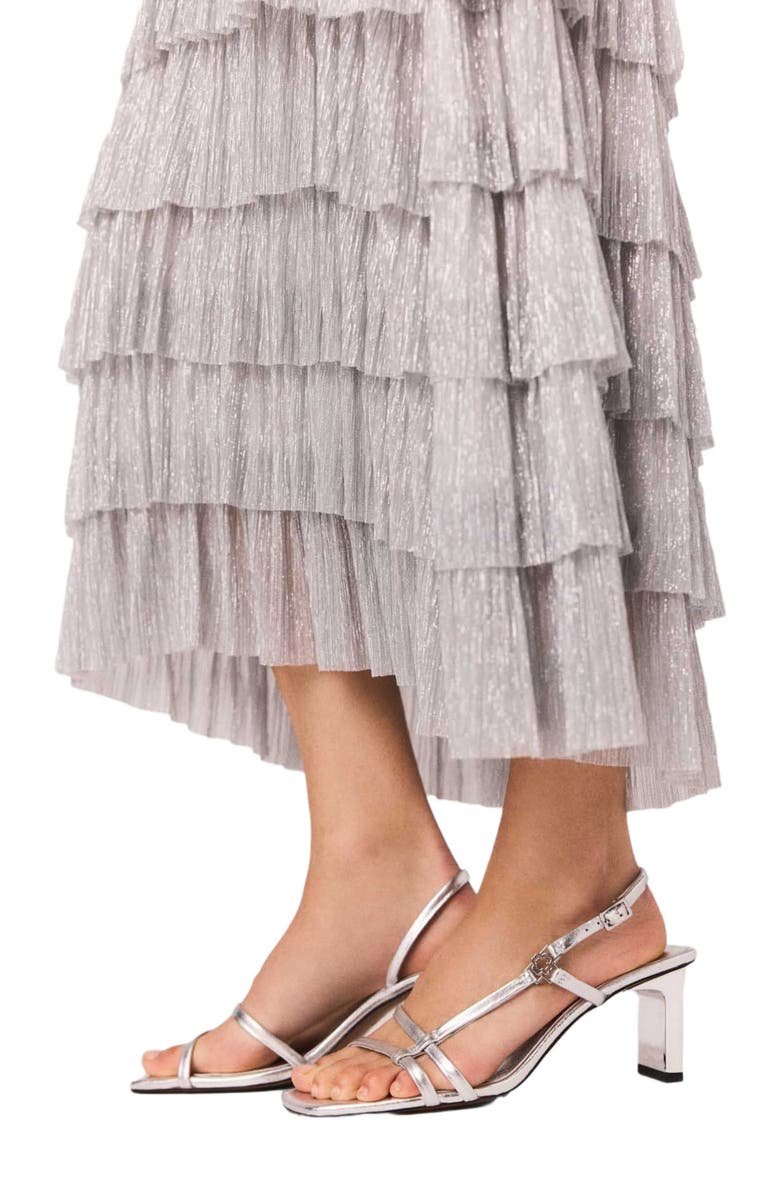 maje Metallic ruffled midi dress, Alternate, color, Silver
