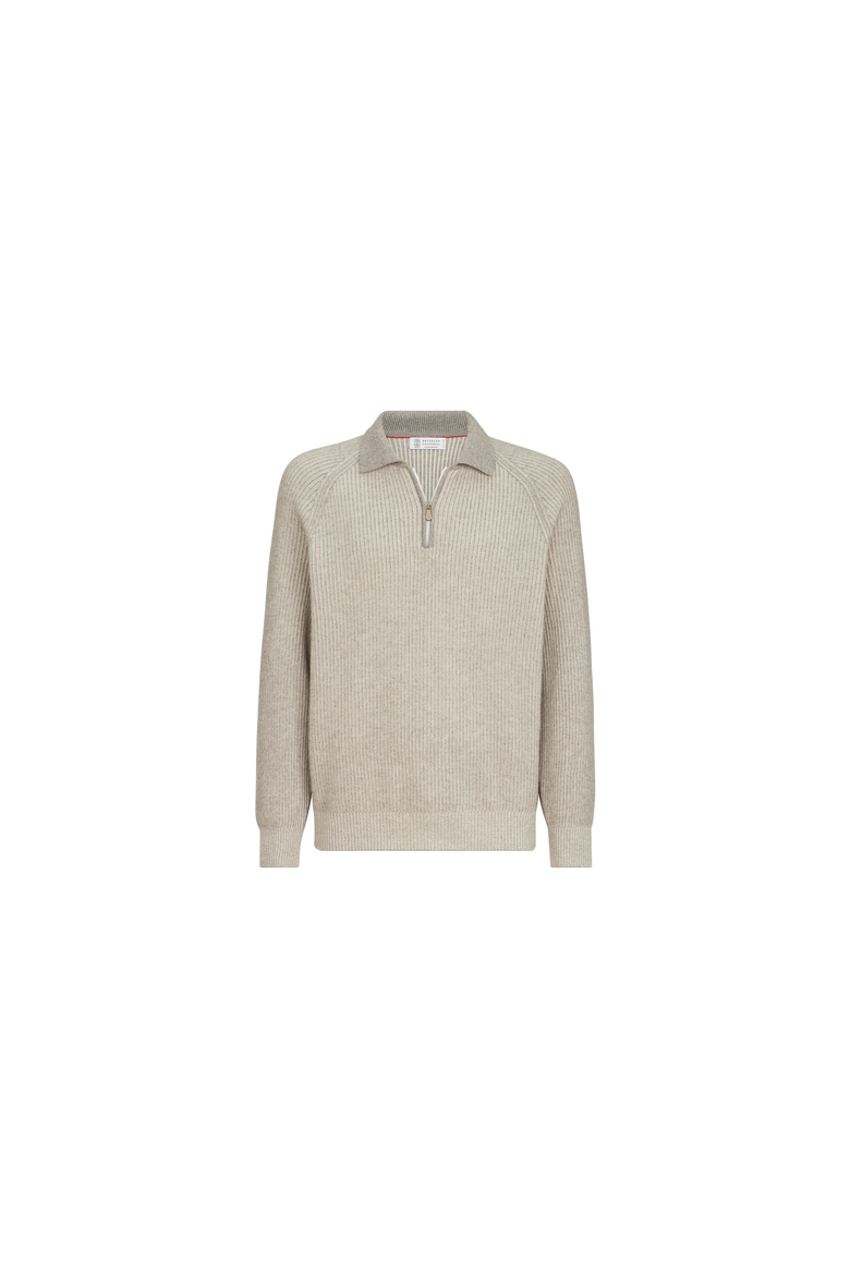 Cashmere vanisé English rib knit polo with half zip, Alternate, color, Grey