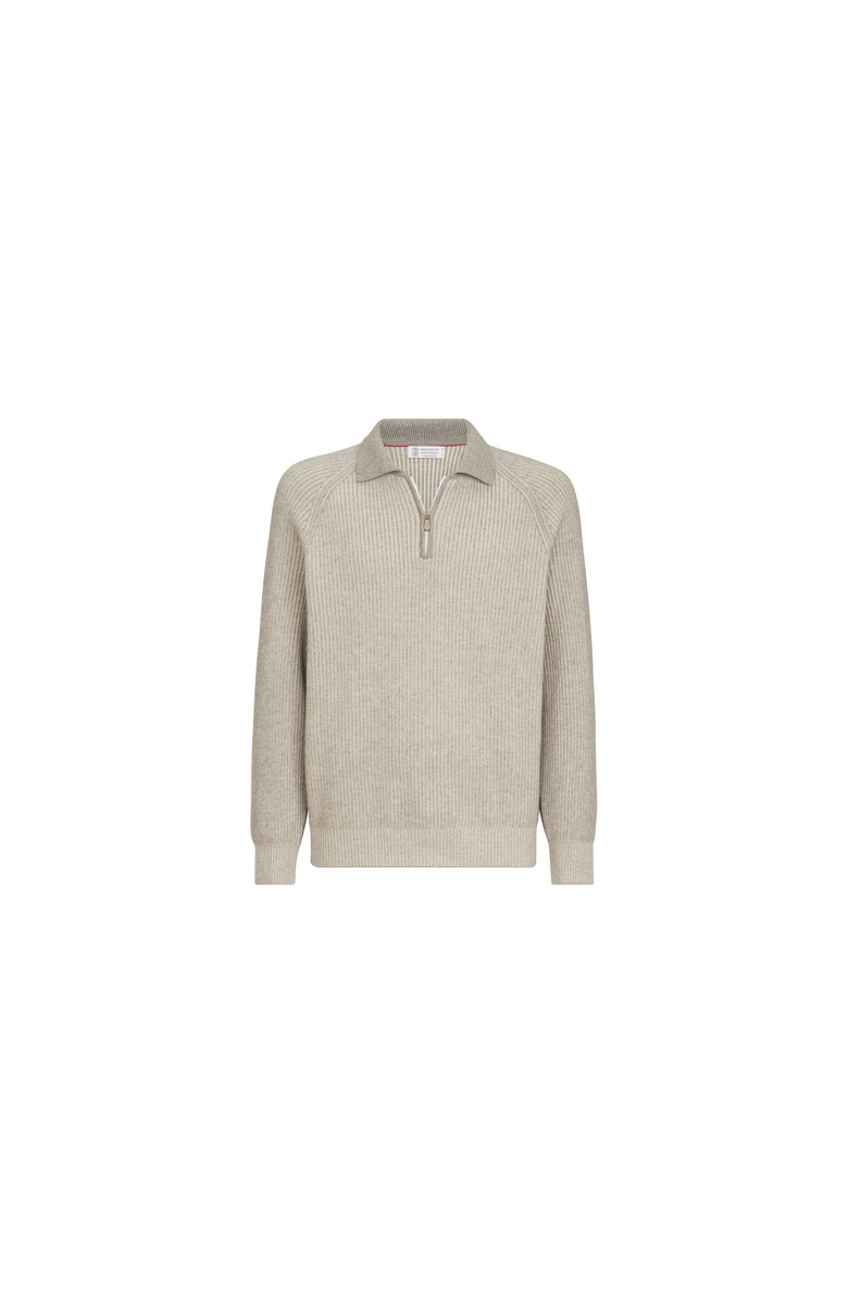 Brunello Cucinelli Cashmere vanisé English rib knit polo with half zip, Alternate, color, Grey