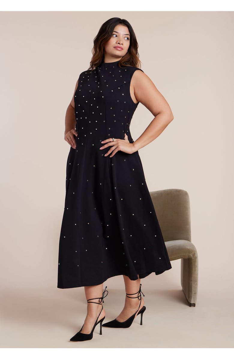 ELOQUII Stud Detail Ponte Midi Dress, Main, color, Black Onyx