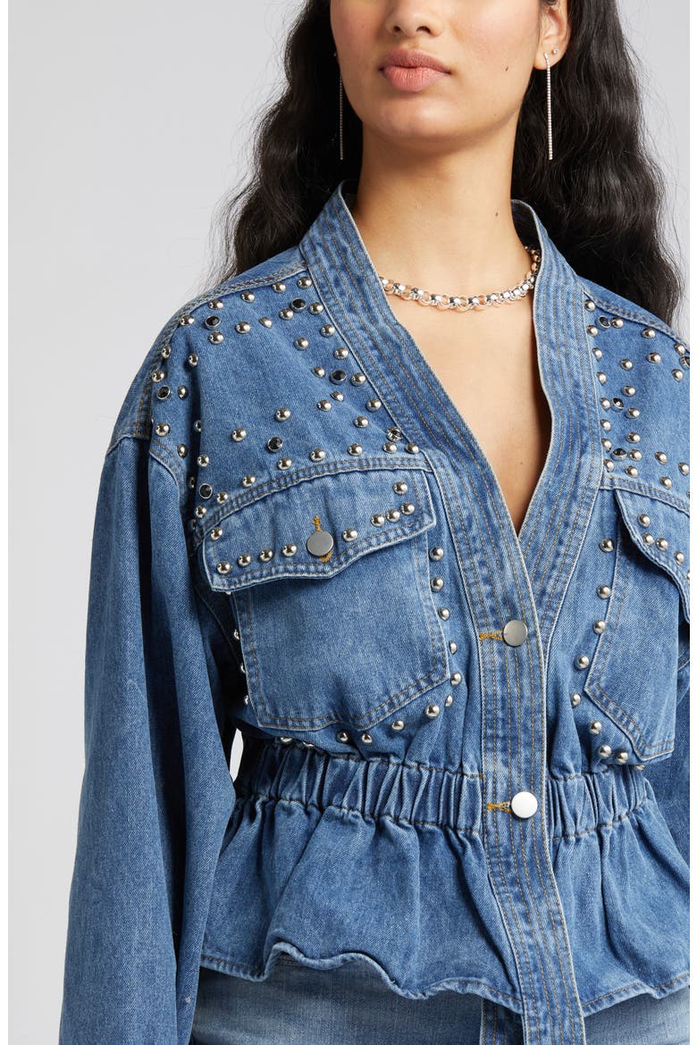 Alina Stud Peplum Denim Jacket, Alternate, color, BLUE