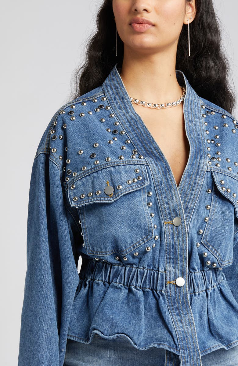 NIKKI LUND Alina Stud Peplum Denim Jacket, Alternate, color, Blue