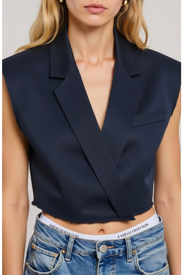 Sleeveless Cropped Tailored Collar Raw Edge Hem Blazer Vest, Alternate, color, Blue