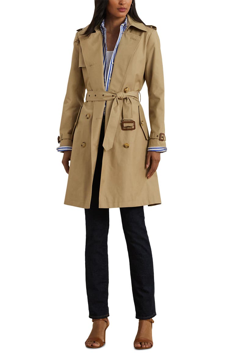 Double Breasted Belted Cotton Blend Trench Coat, Main, color, SAND