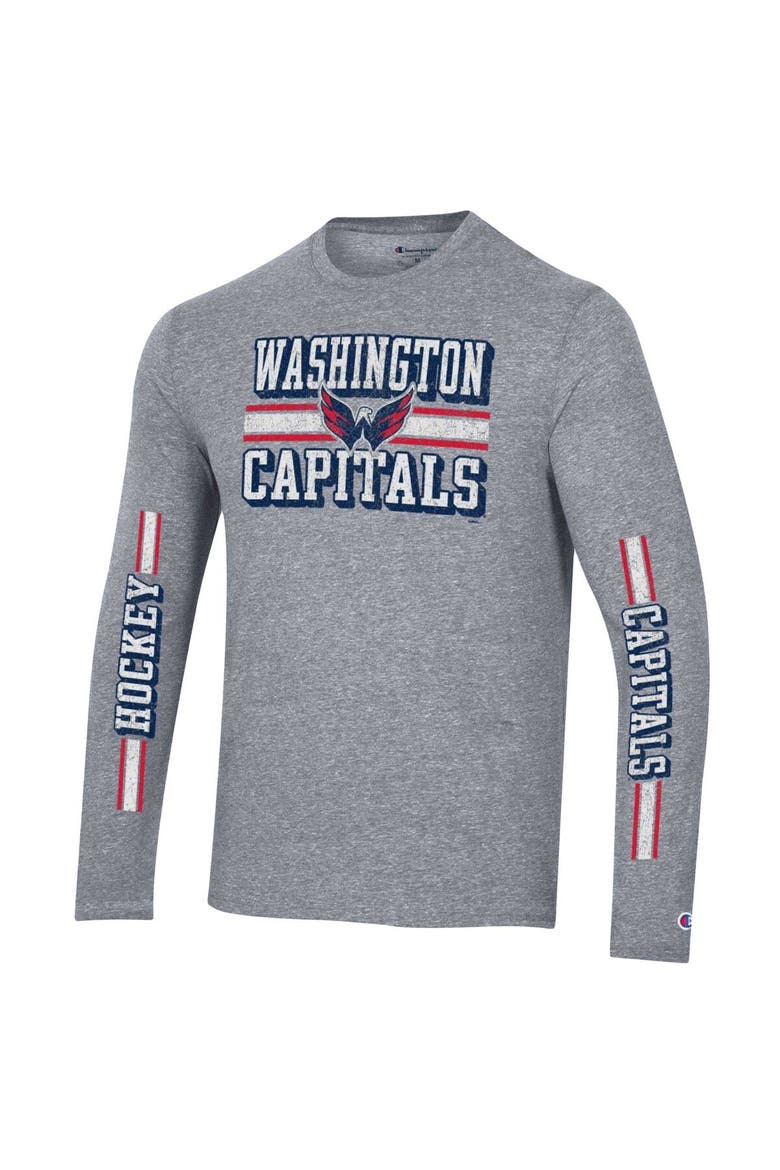 Men's Champion Heather Gray Washington Capitals Tri-Blend Dual-Stripe Long Sleeve T-Shirt, Alternate, color, Heather Gray