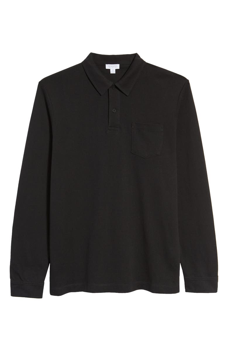 Sunspel Riviera Long Sleeve Cotton Piqué Polo, Alternate, color, Black