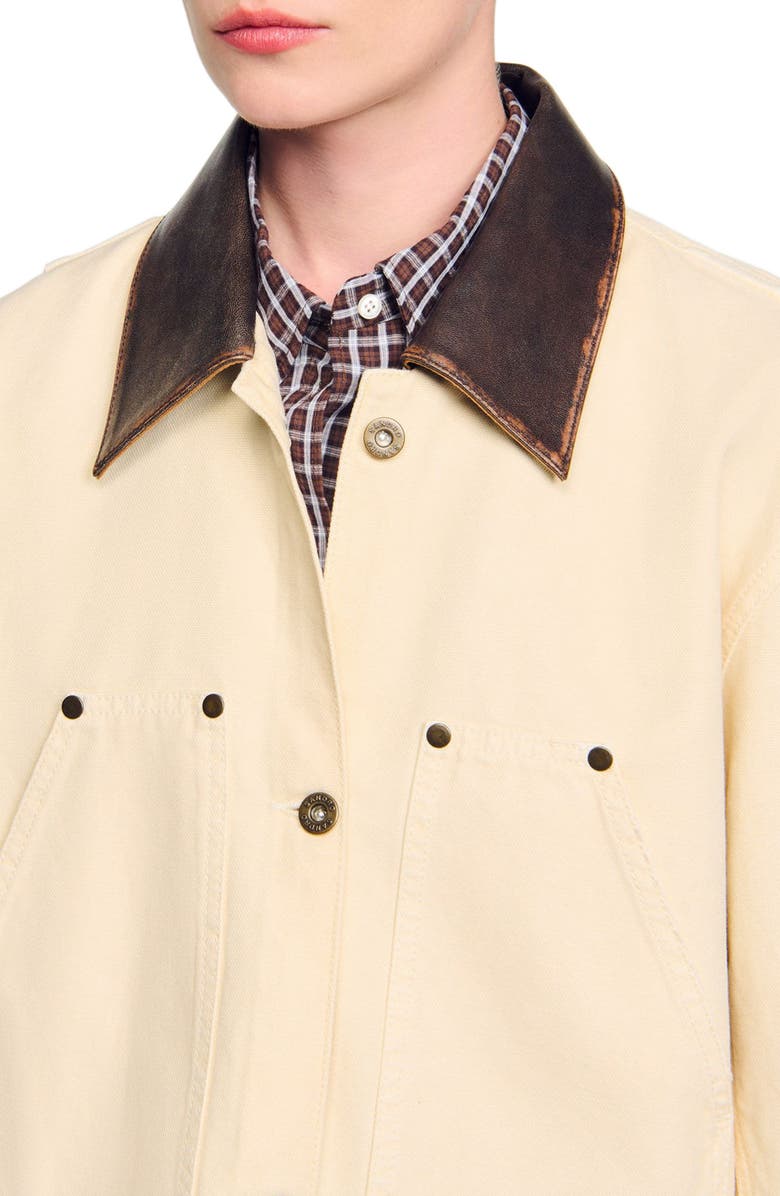 SANDRO Leather collar workwear jacket, Alternate, color, Ecru