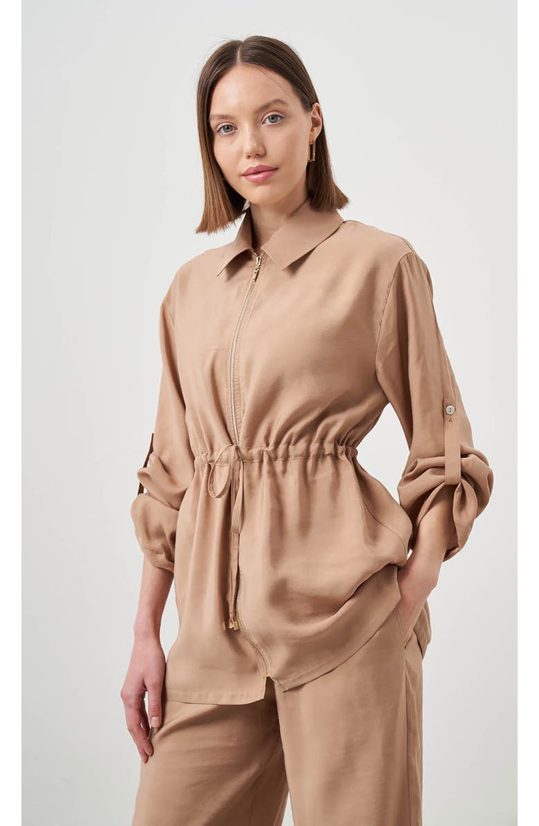 Mizalle Cinched Waist Shirt Jacket, Alternate, color, Beige
