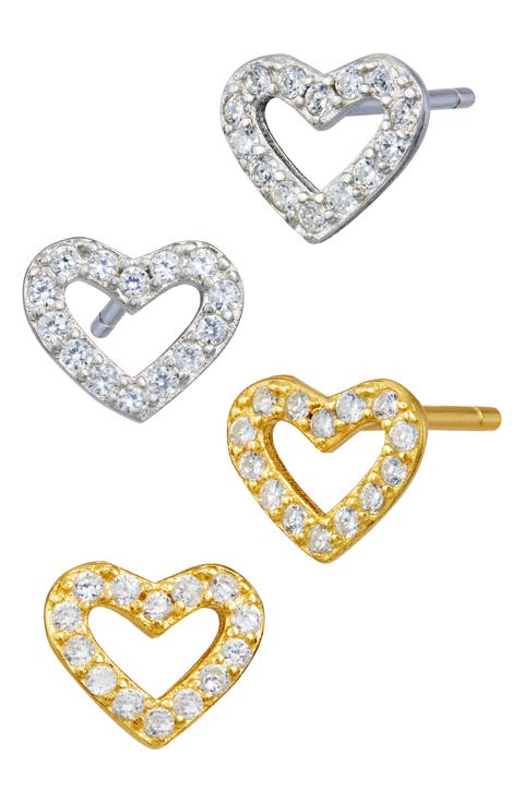 Set of 2 Cubic Zirconia Heart Stud Earrings