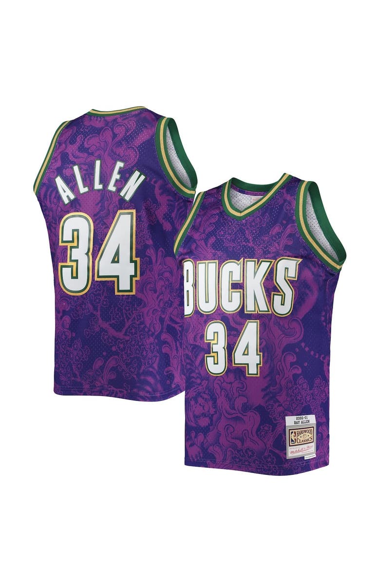 Mitchell & Ness Men's Mitchell & Ness Ray Allen Purple Milwaukee Bucks Hardwood Classics 2000/01 Lunar New Year Swingman Jersey, Alternate, color,