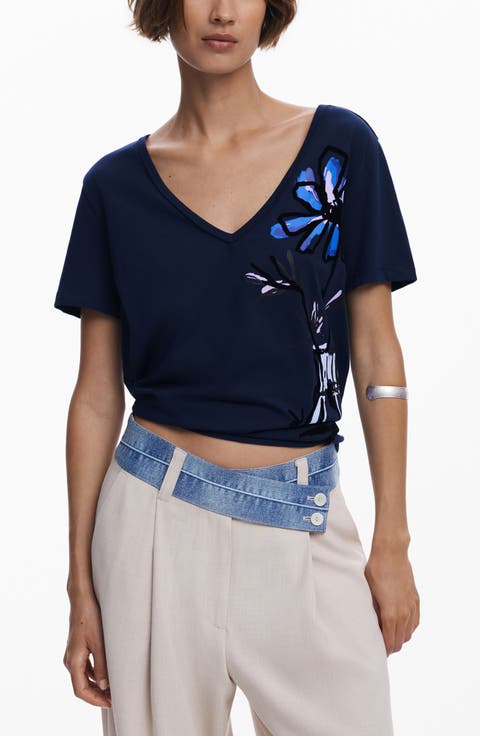 Floral V-Neck Cotton Graphic T-Shirt