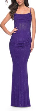 La Femme Rhinestone Encrusted Net Jersey Gown with Ruching Detail