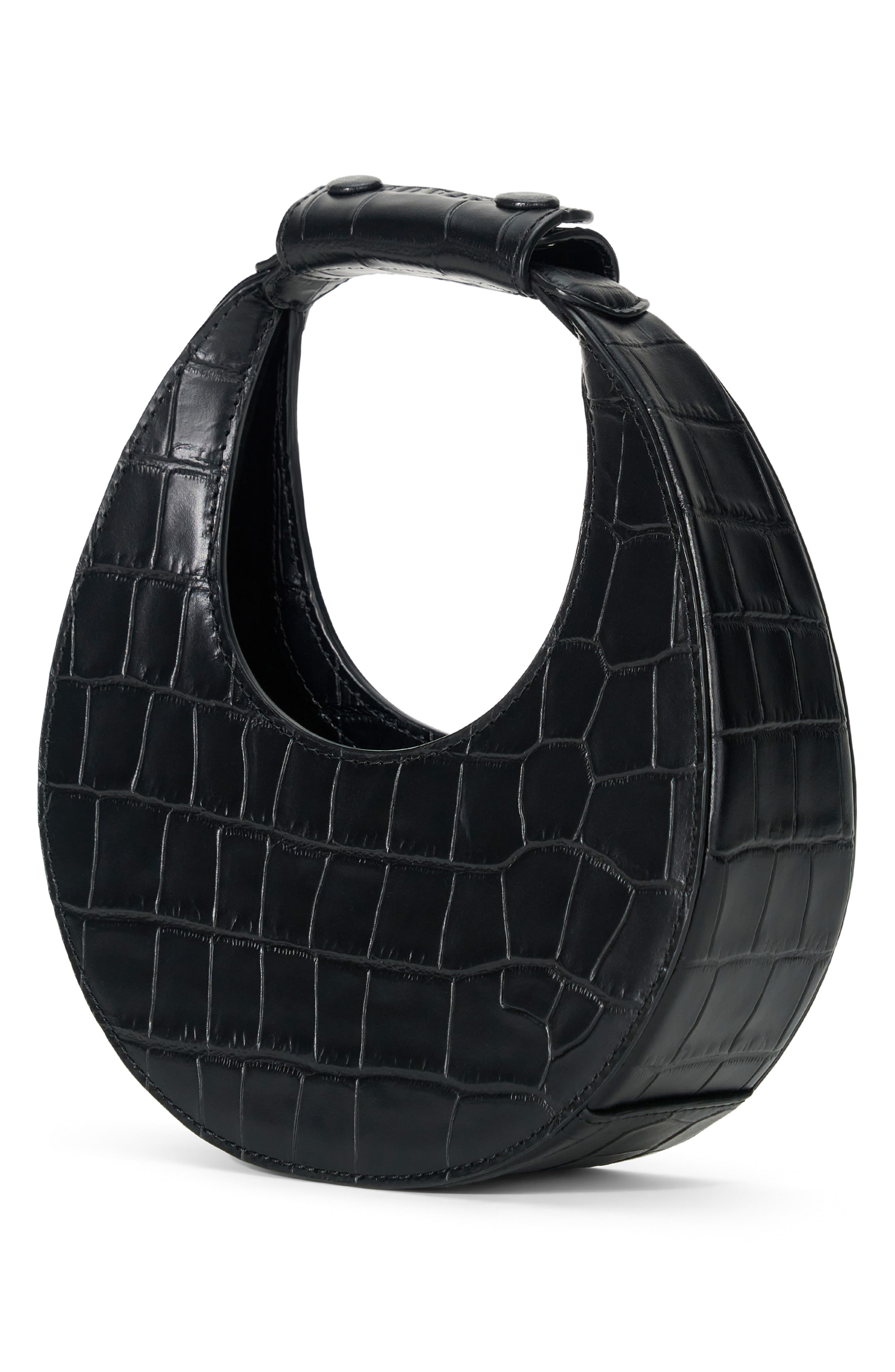 STAUD Good Night Moon Croc Embossed Leather Top Handle Bag, Alternate, color, Black Croco