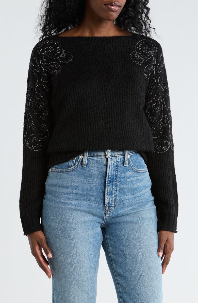 Democracy Embroidered Pullover Sweater, Main, color, Black