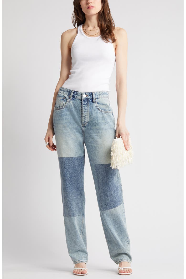 Clove Patched High Waist Relaxed Straight Leg Jeans, Main, color, NOMAD