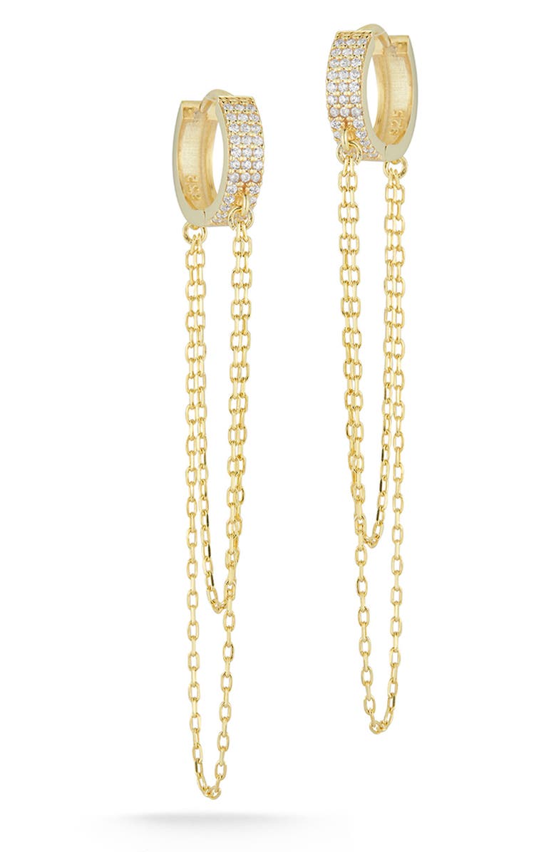 GLAZE JEWELRY 14K Gold Plated Sterling Silver Pave CZ Draped Chain Huggie Earrings, Main, color, 