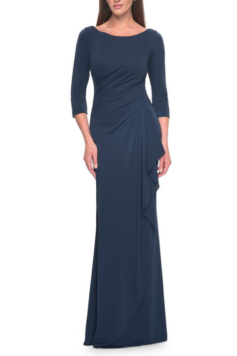 Chic Long Evening Gown with High Neck and Ruffle Detail