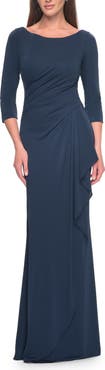 La Femme Chic Long Evening Gown with High Neck and Ruffle Detail