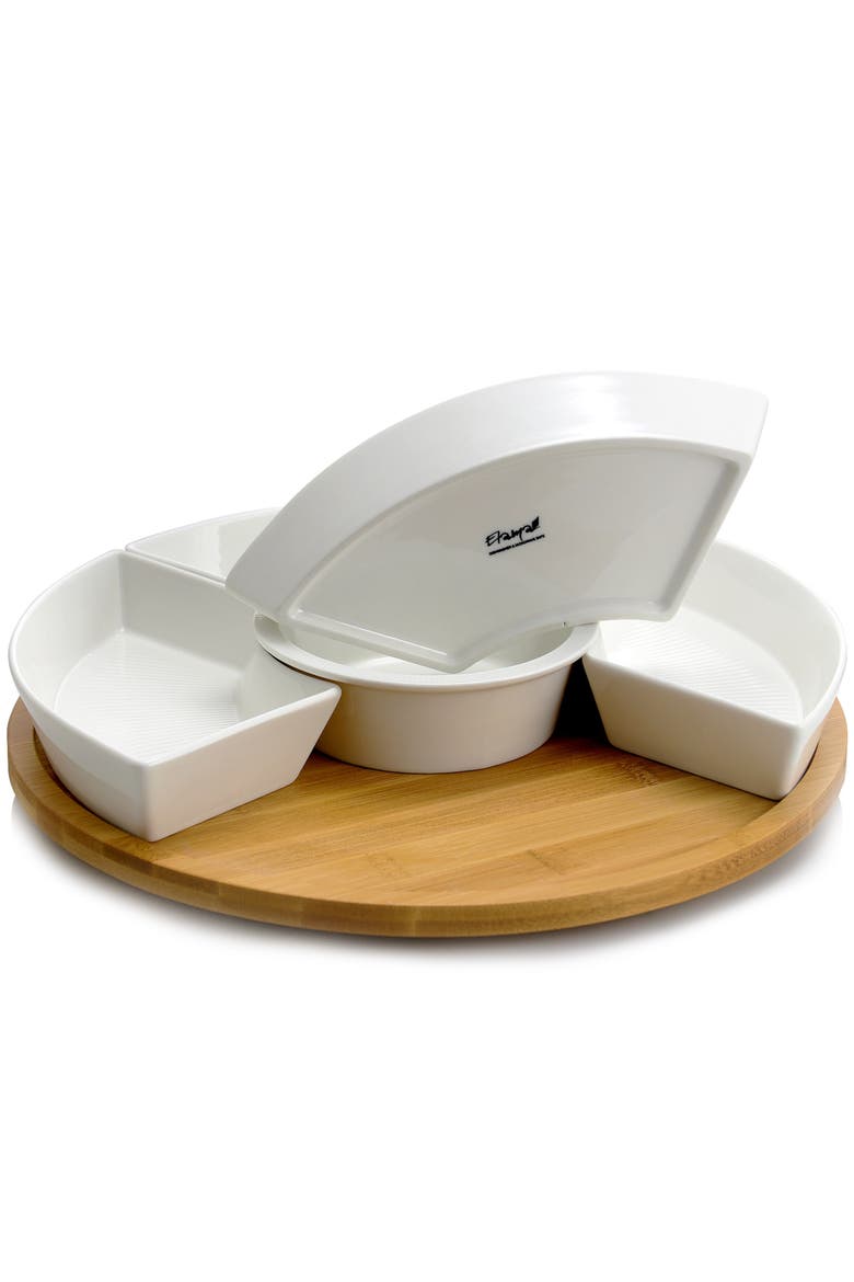 12 1/4 Inch 6-Piece Lazy Susan Appetizer and Condiment Server Set with 5 Serving Dishes and a Wood Lazy Suzan Serving Tray, Alternate, color, White