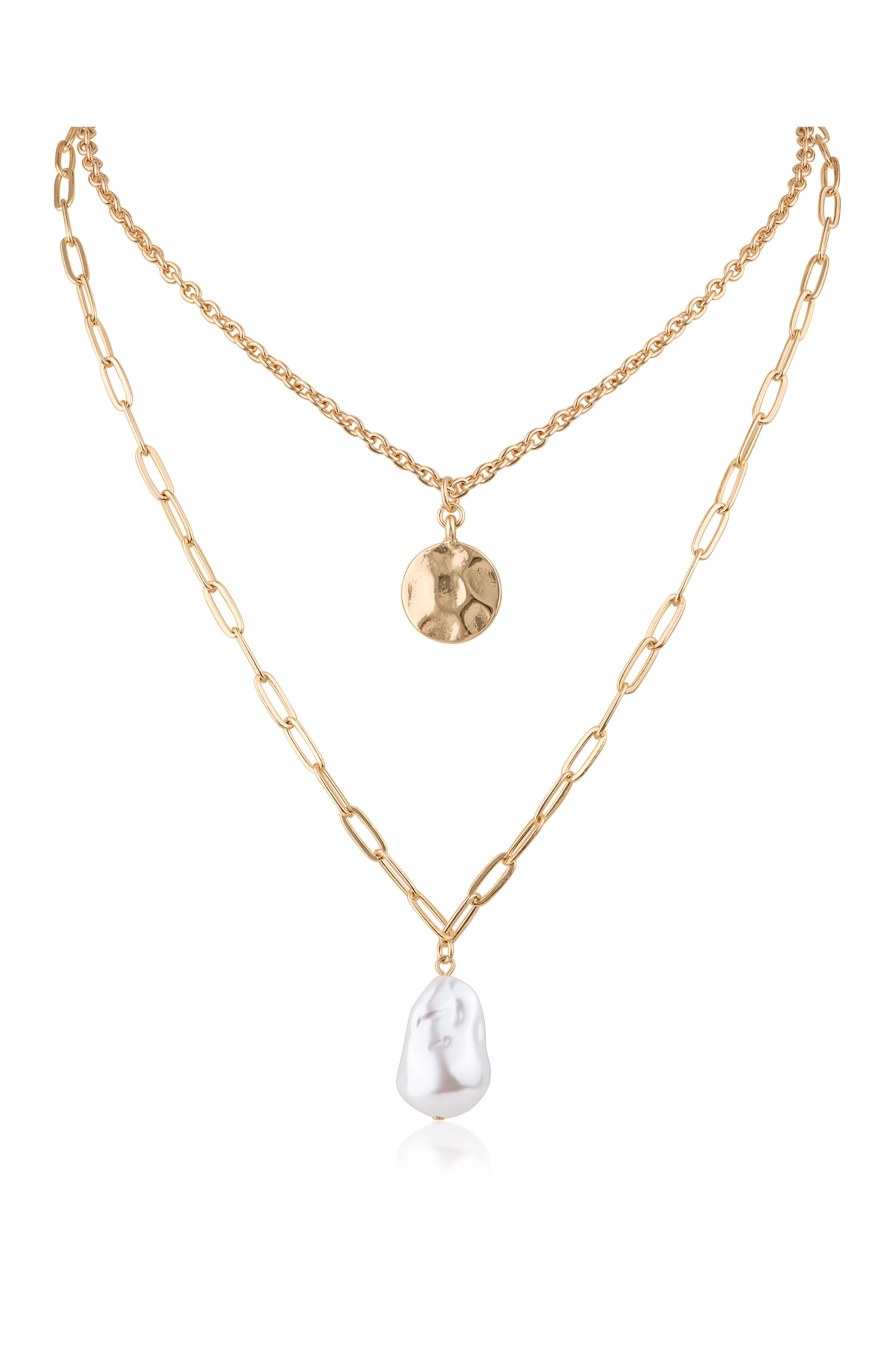 Layered Hammered Disc & Faux Pearl Necklace