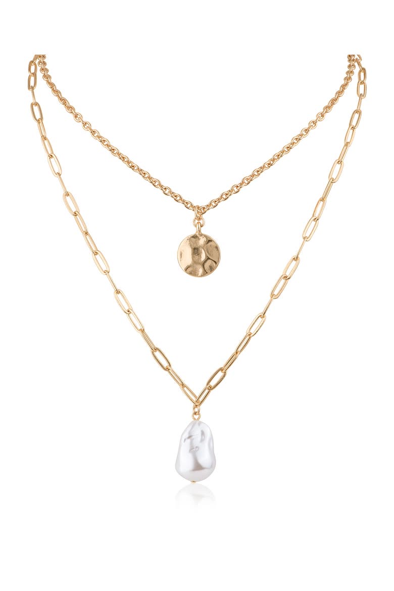 Layered Hammered Disc & Faux Pearl Necklace, Main, color, WHITE/ GOLD
