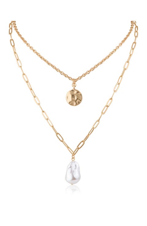 Layered Hammered Disc & Faux Pearl Necklace