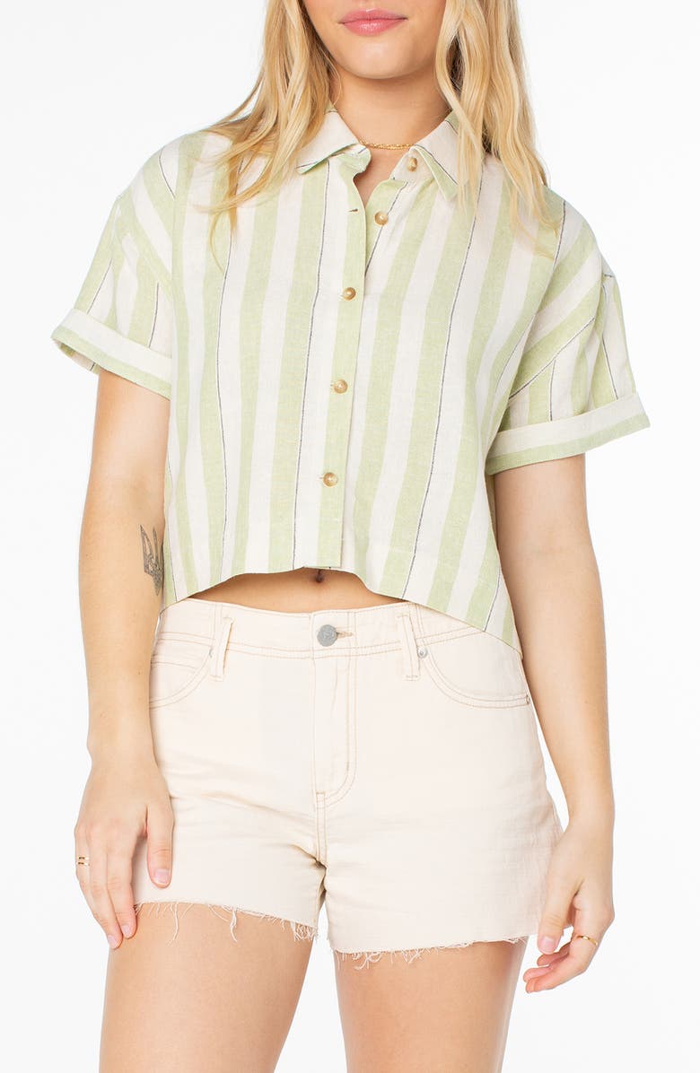 Roxy Kula Linen Blend Crop Button-Up Shirt, Main, color, Tarragon Horizon Stripe