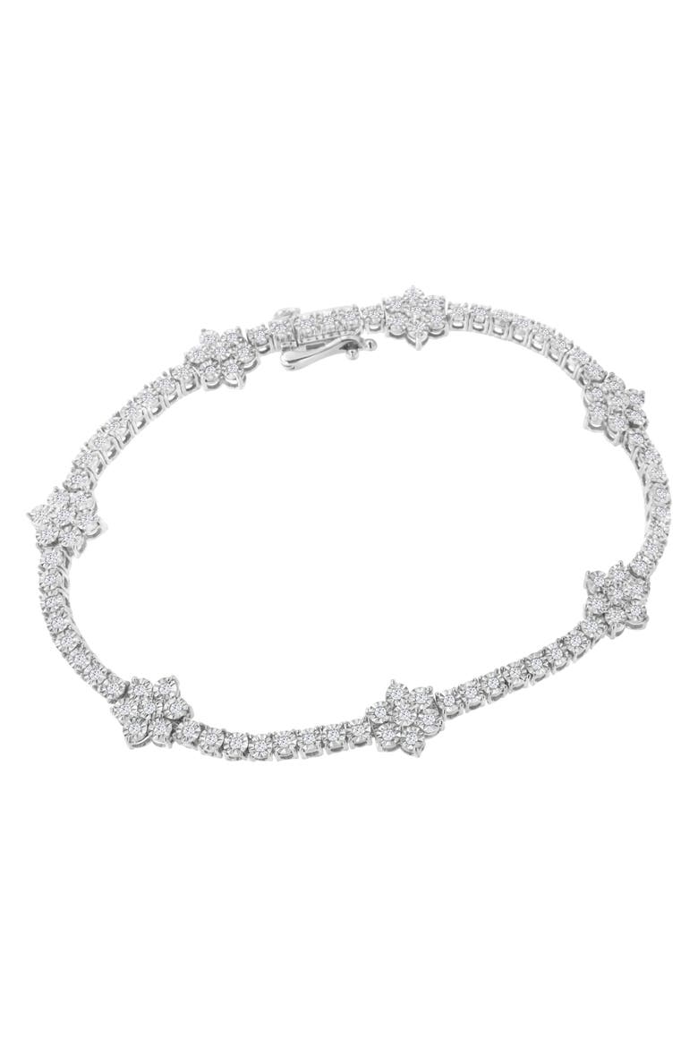 Silver 1.0 cttw Miracle-Set Diamond Floral Station Tennis Bracelet, Main, color, White