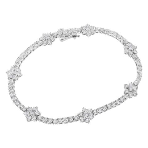 Silver 1.0 cttw Miracle-Set Diamond Floral Station Tennis Bracelet