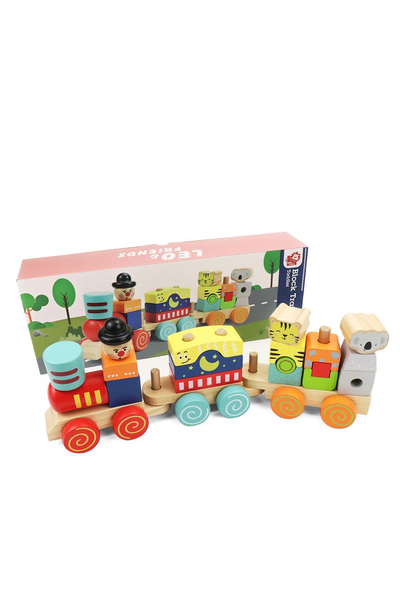 Leo & Friends Block Train Stacking Set, 17 Piece-Wooden Stacking Toy with Pull Along Wooden Train, Main, color, Yellow