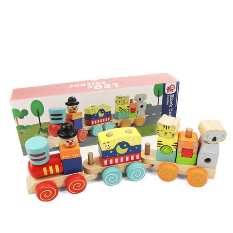 Block Train Stacking Set, 17 Piece-Wooden Stacking Toy with Pull Along Wooden Train