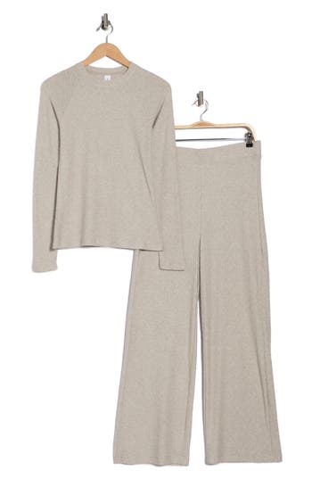 Yogalicious Long Sleeve Top & Wide Leg Pants Pajamas In Nude