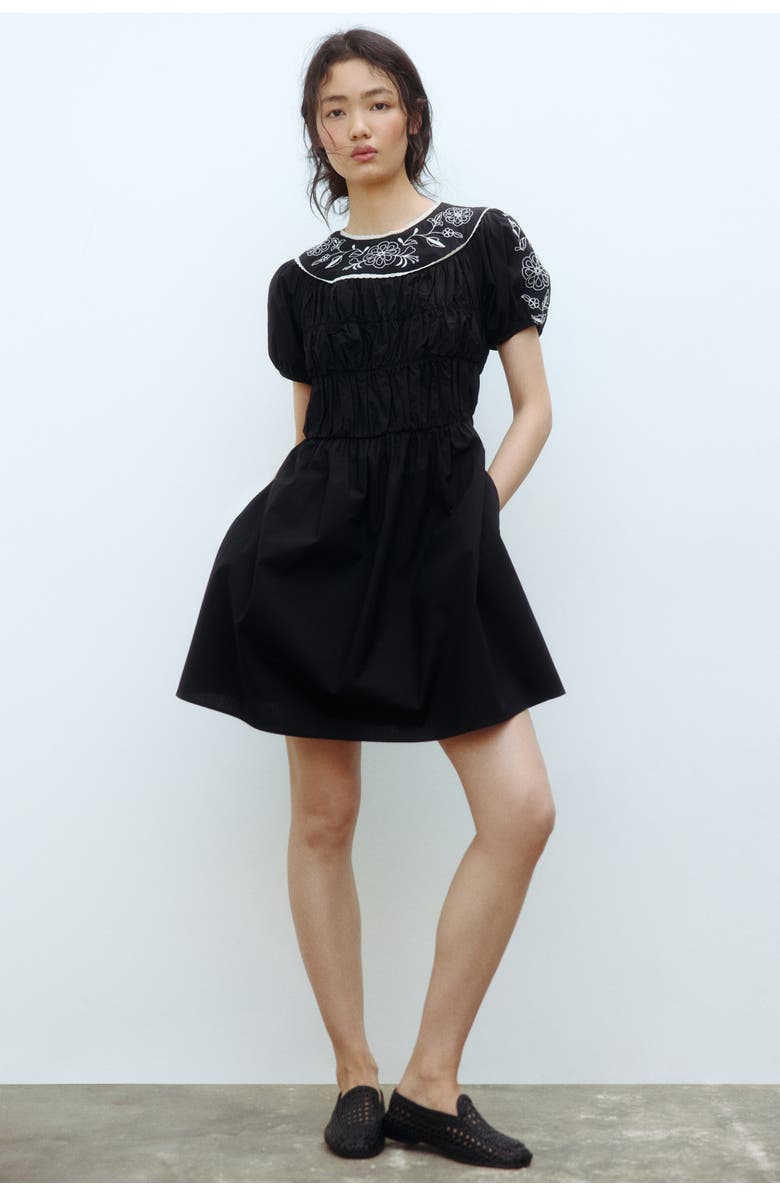 H&M Embroidered Poplin Dress, Alternate, color, Black/Flowers